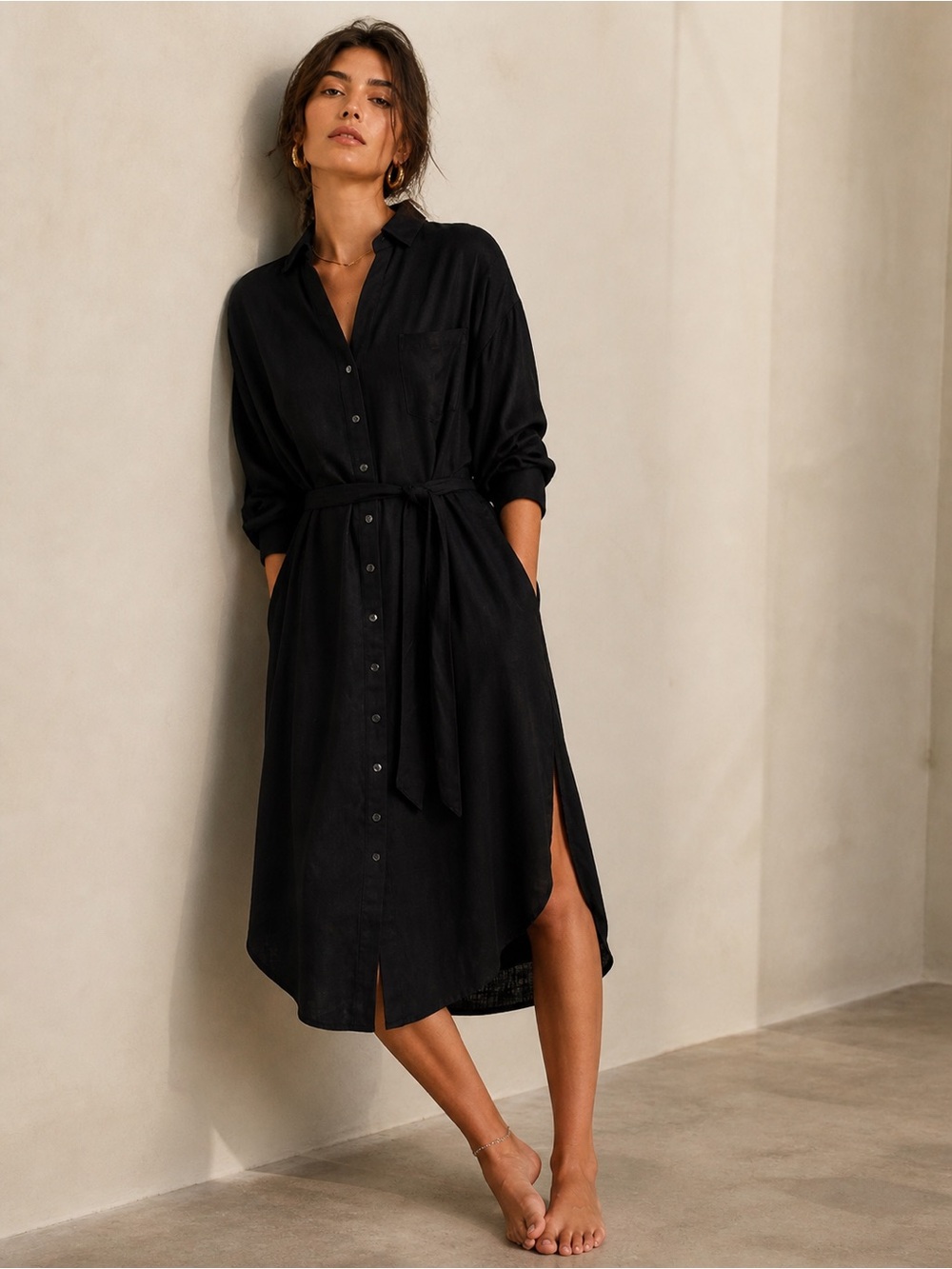 L*SPACE Barcelona Black Shirt Dress Tie Waist Button Down Midi Minimalist Chic